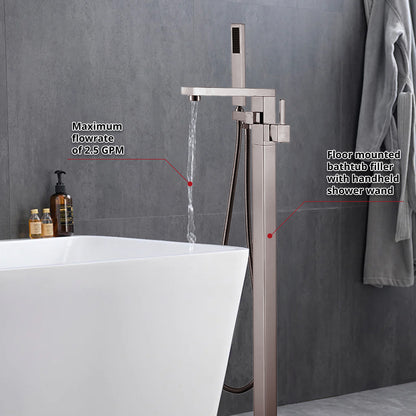 Lexora Mare Single Handle Freestanding Floor Mount Tub Faucet Bathtub Filler with Hand Shower in Brushed Nickel