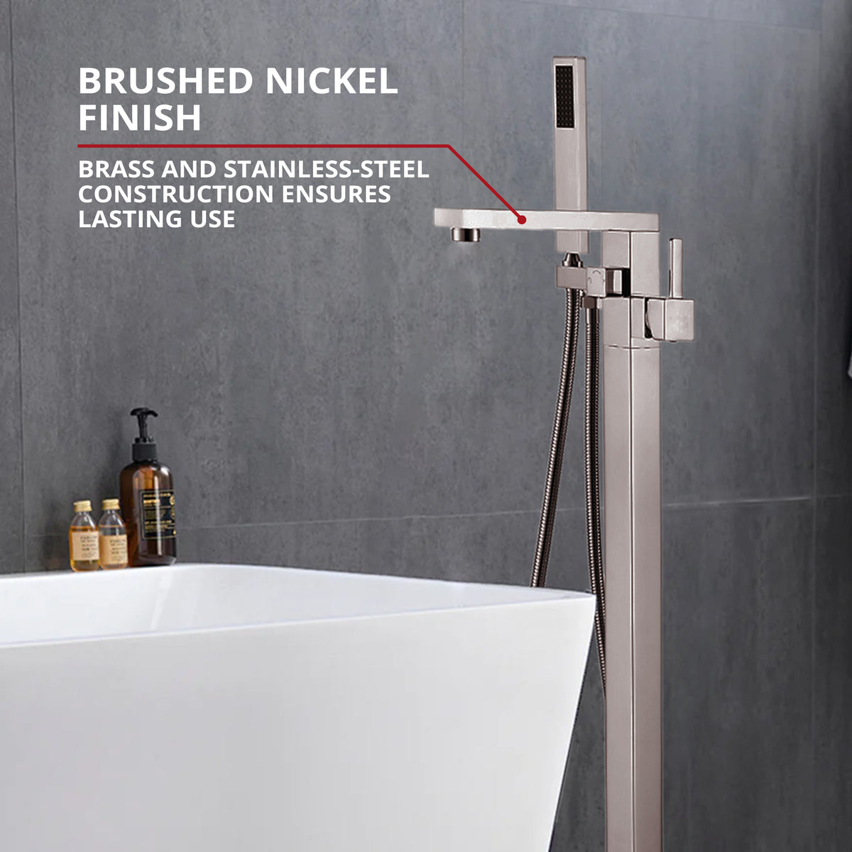 Lexora Mare Single Handle Freestanding Floor Mount Tub Faucet Bathtub Filler with Hand Shower in Brushed Nickel