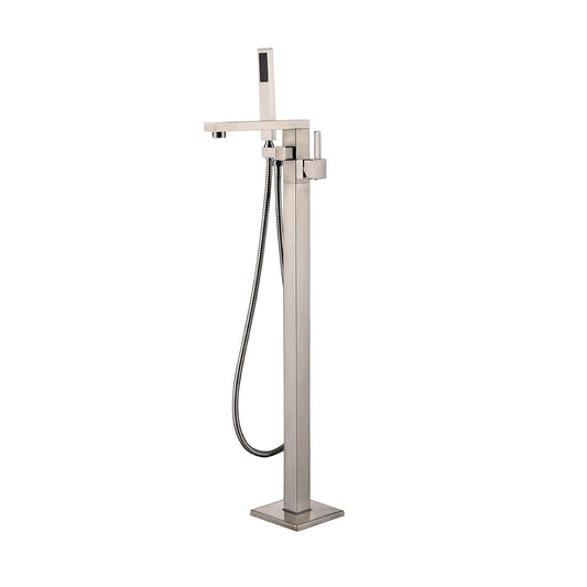 Lexora Mare Single Handle Freestanding Floor Mount Tub Faucet Bathtub Filler with Hand Shower in Brushed Nickel