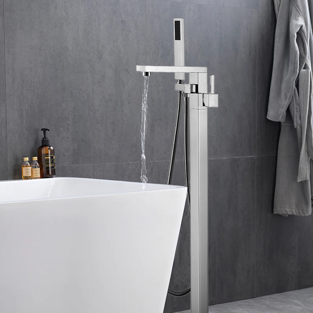Lexora Mare Single Handle Freestanding Floor Mount Tub Faucet Bathtub Filler with Hand Shower in Chrome