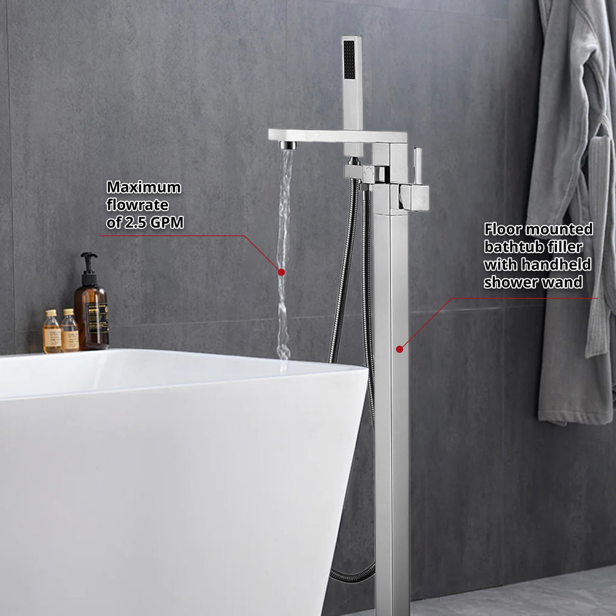 Lexora Mare Single Handle Freestanding Floor Mount Tub Faucet Bathtub Filler with Hand Shower in Chrome