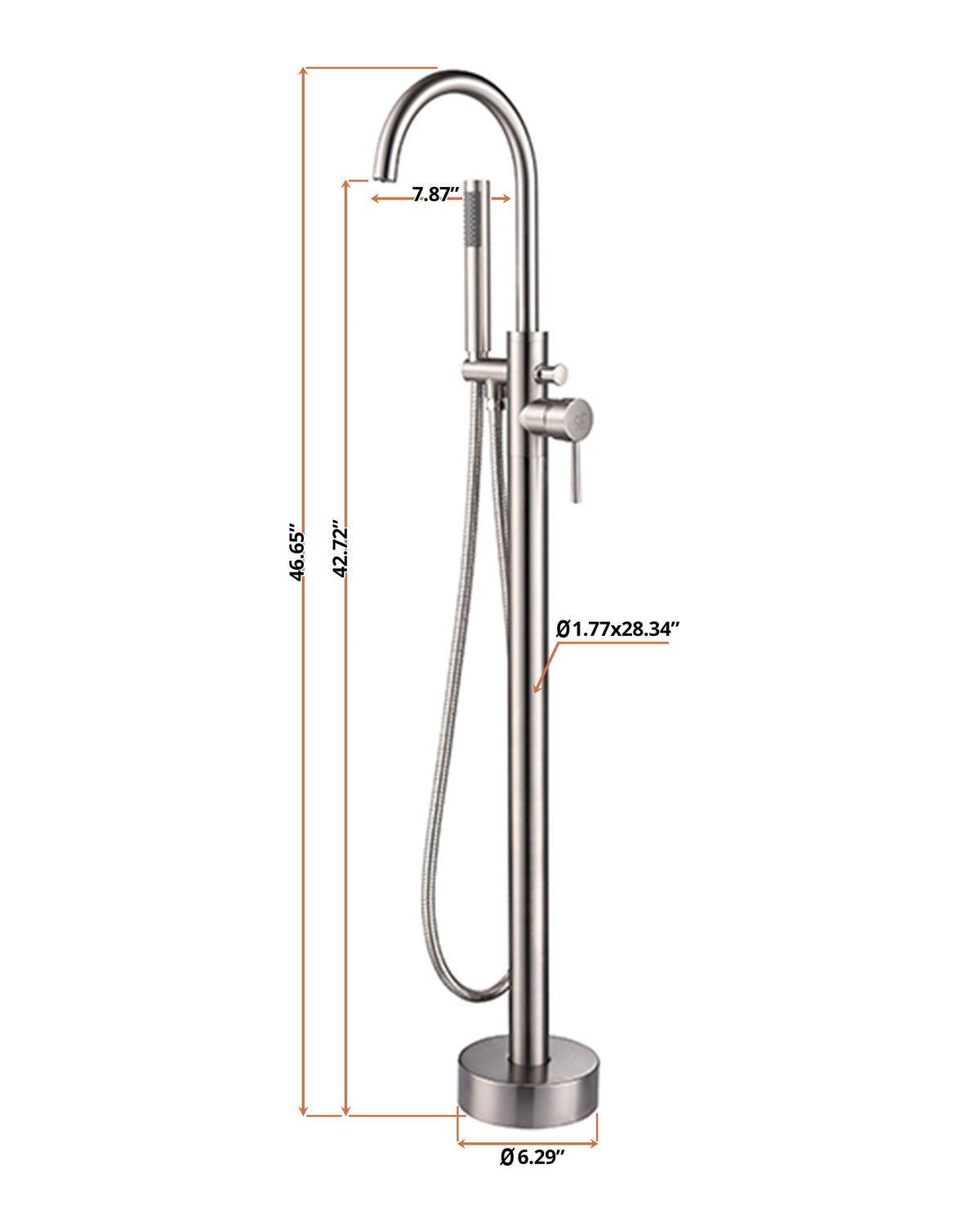 Lexora Lago Single Handle Freestanding Floor Mount Tub Faucet Bathtub Filler with Hand Shower in Brushed Nickel