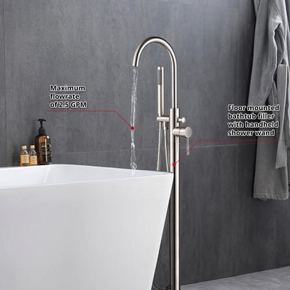 Lexora Lago Single Handle Freestanding Floor Mount Tub Faucet Bathtub Filler with Hand Shower in Brushed Nickel