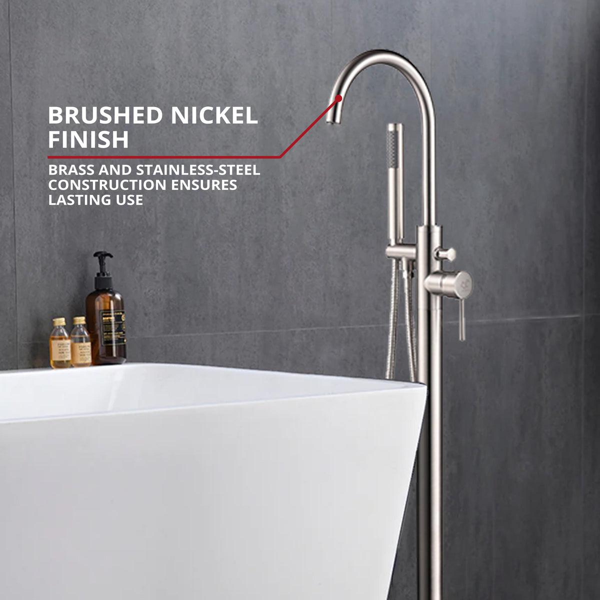 Lexora Lago Single Handle Freestanding Floor Mount Tub Faucet Bathtub Filler with Hand Shower in Brushed Nickel