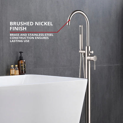 Lexora Lago Single Handle Freestanding Floor Mount Tub Faucet Bathtub Filler with Hand Shower in Brushed Nickel