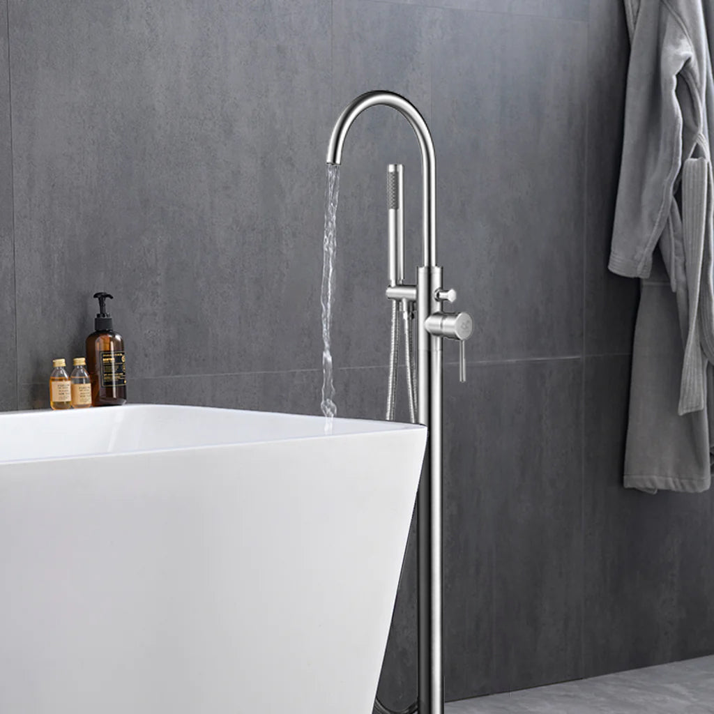 Lexora Lago Single Handle Freestanding Floor Mount Tub Faucet Bathtub Filler with Hand Shower in Chrome