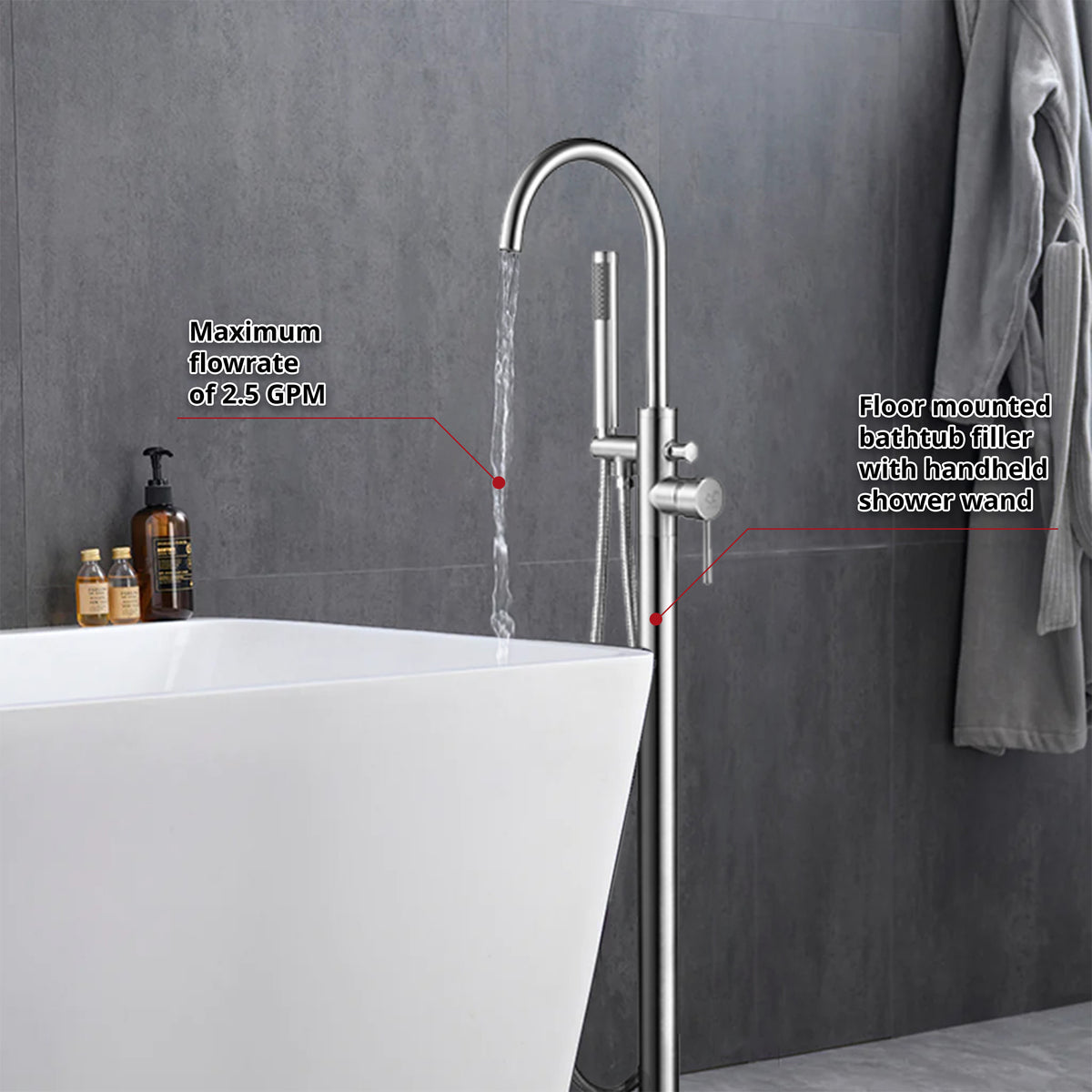 Lexora Lago Single Handle Freestanding Floor Mount Tub Faucet Bathtub Filler with Hand Shower in Chrome
