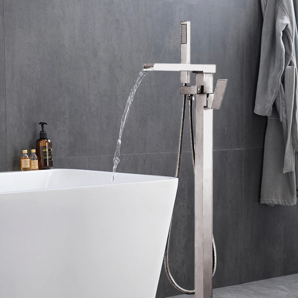 Lexora Cascata Single Handle Freestanding Floor Mount Tub Faucet Bathtub Filler with Hand Shower in Brushed Nickel