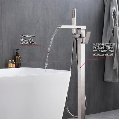 Lexora Cascata Single Handle Freestanding Floor Mount Tub Faucet Bathtub Filler with Hand Shower in Brushed Nickel