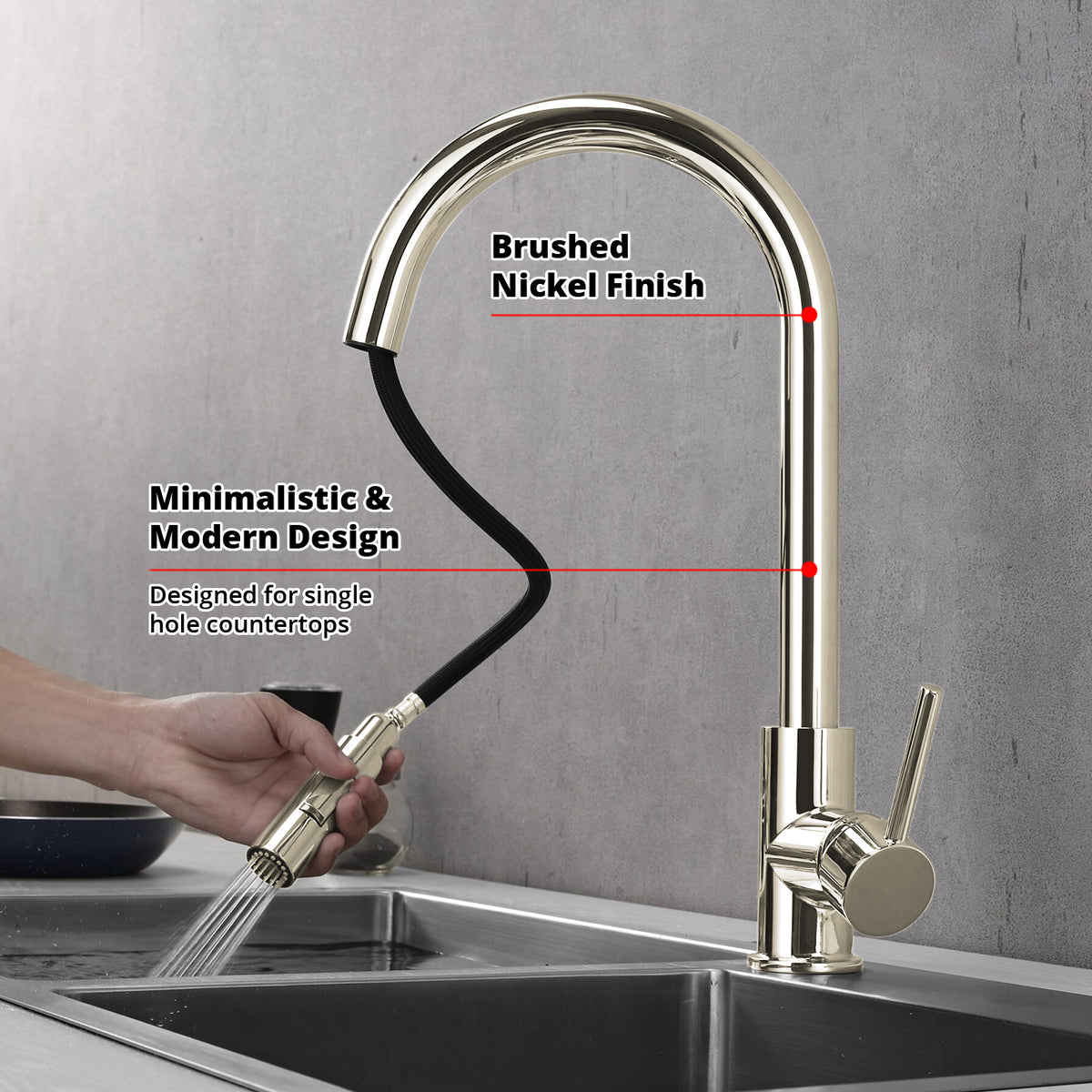 Lexora Olivi Brass Single-Handle Pull-Down Spray Kitchen Faucet in Brushed Nickel
