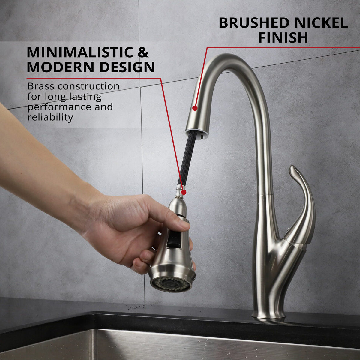 Lexora Garbatella Brass Single-Handle Pull-Down Spray Kitchen Faucet in Brushed Nickel