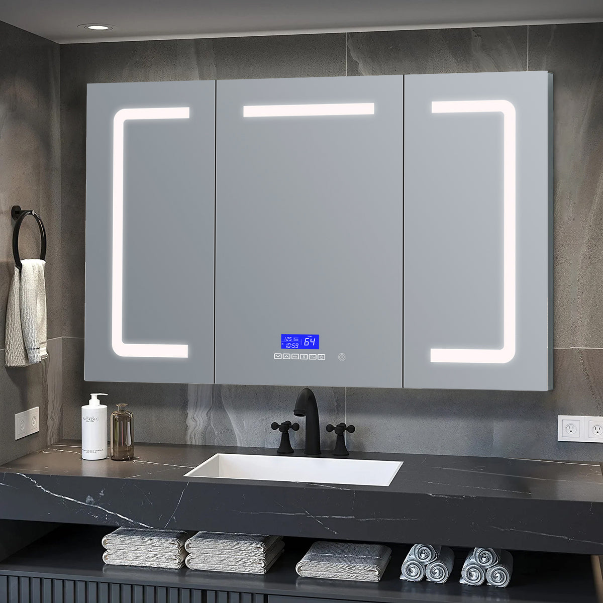 Lexora Lesina 48 in. W x 32 in. H Surface-Mount LED Mirror Medicine Cabinet with Defogger