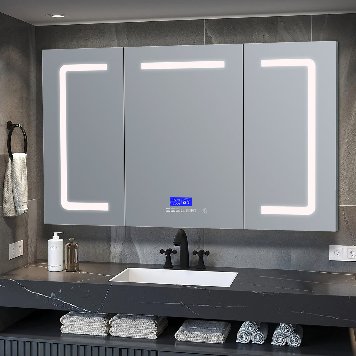 Lexora Lesina 60 in. W x 32 in. H Surface-Mount LED Mirror Medicine Cabinet with Defogger