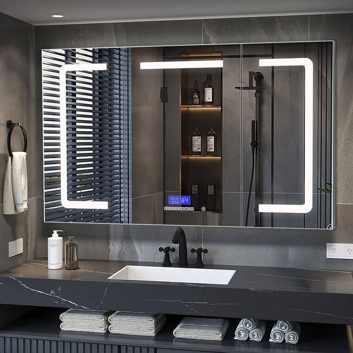 Lexora Lesina 60 in. W x 32 in. H Surface-Mount LED Mirror Medicine Cabinet with Defogger