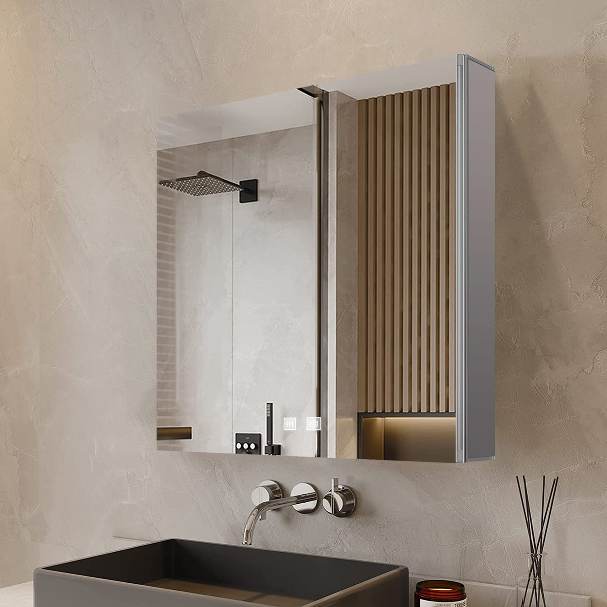 Lexora Corsica 20 in W x 28 in H Surface-Mount LED Mirror Medicine Cabinet with Defogger)