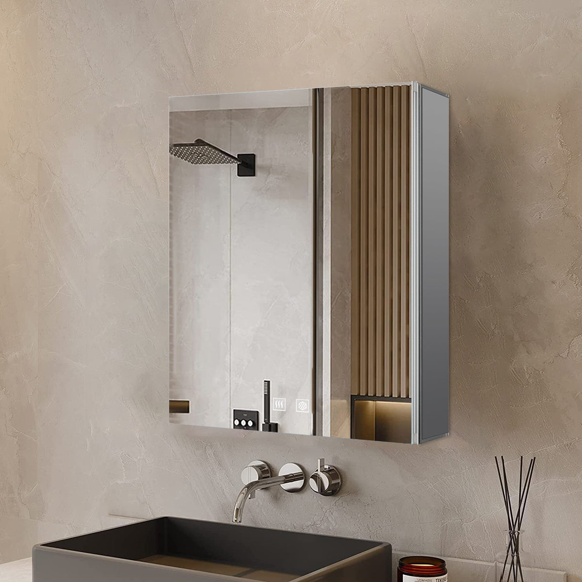 Lexora Corsica 24 in W x 28 in H Surface-Mount LED Mirror Medicine Cabinet with Defogger)