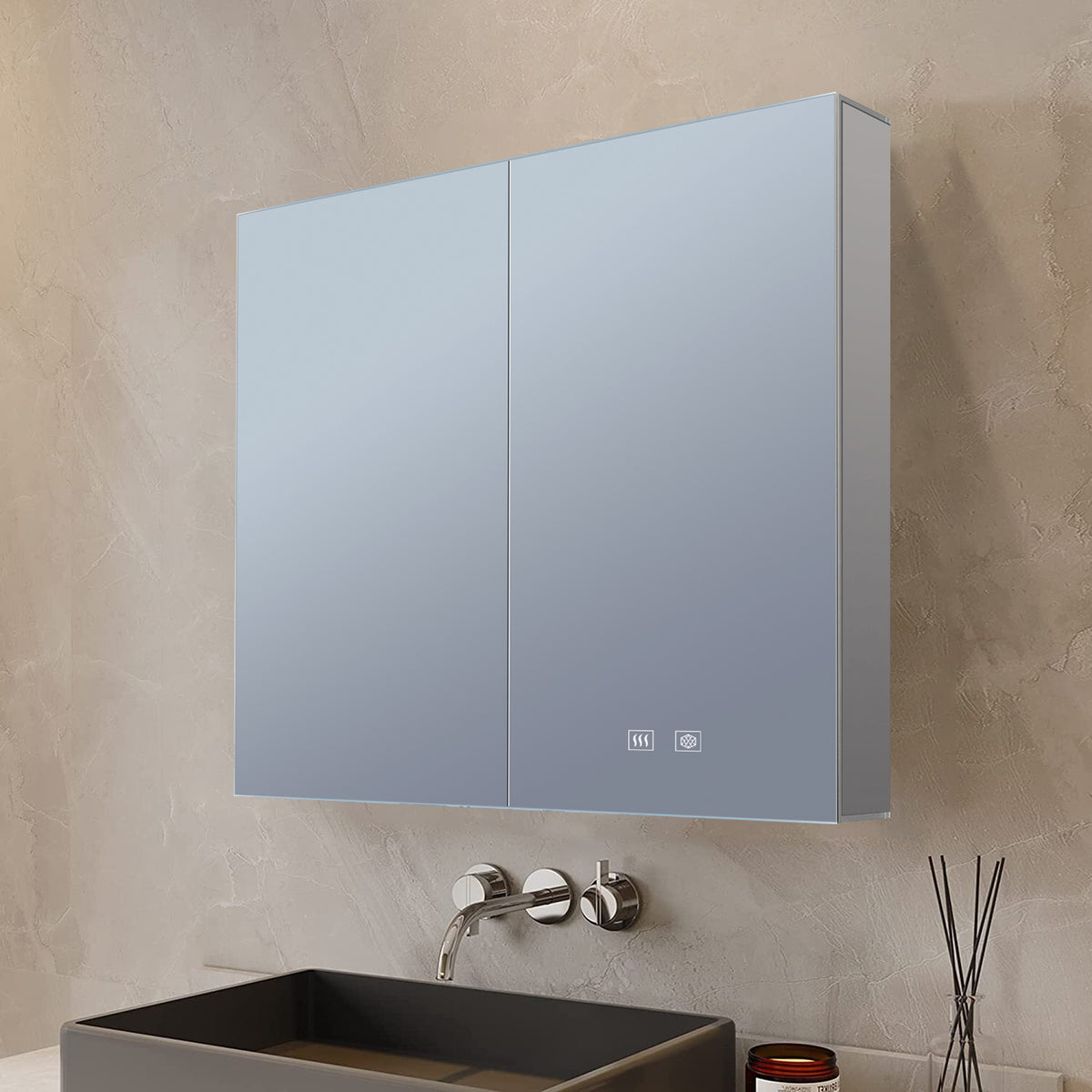 Lexora Corsica 24 in W x 30 in H Surface-Mount LED Mirror Medicine Cabinet with Defogger)