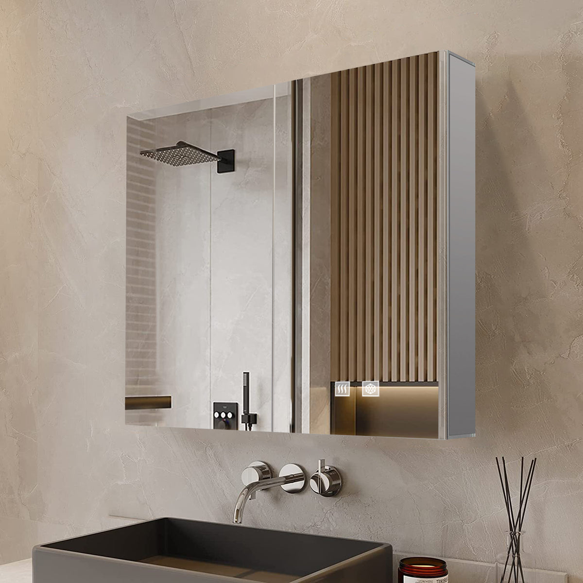Lexora Corsica 24 in W x 30 in H Surface-Mount LED Mirror Medicine Cabinet with Defogger)
