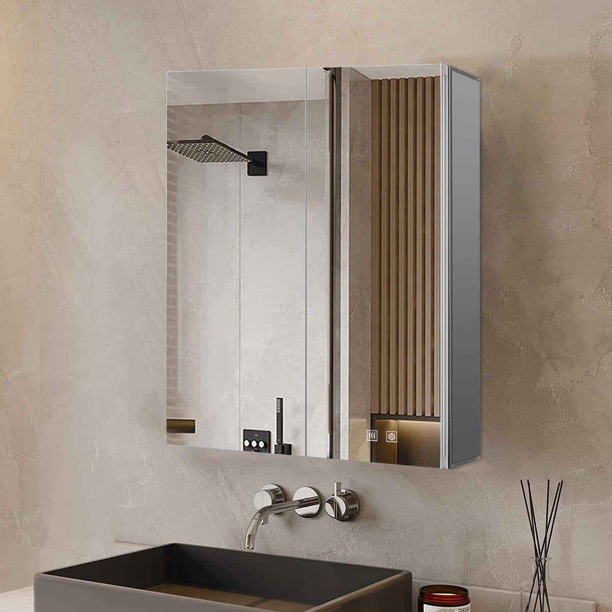 Lexora Corsica 24 in W x 32 in H Surface-Mount LED Mirror Medicine Cabinet with Defogger)