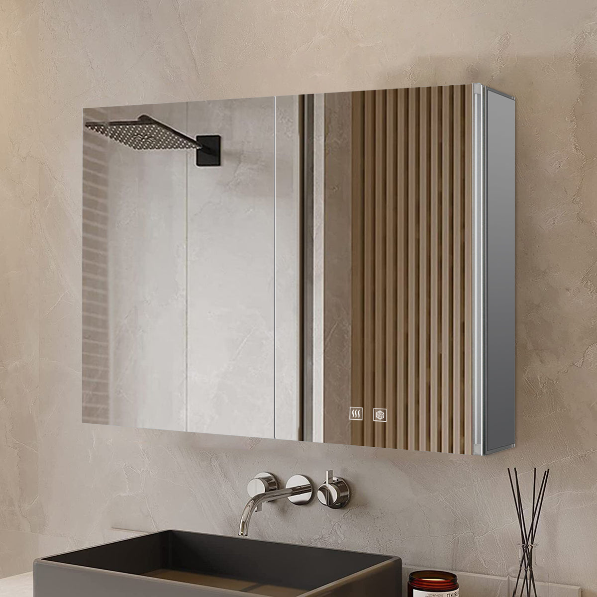 Lexora Corsica 36 in W x 28 in H Surface-Mount LED Mirror Medicine Cabinet with Defogger)