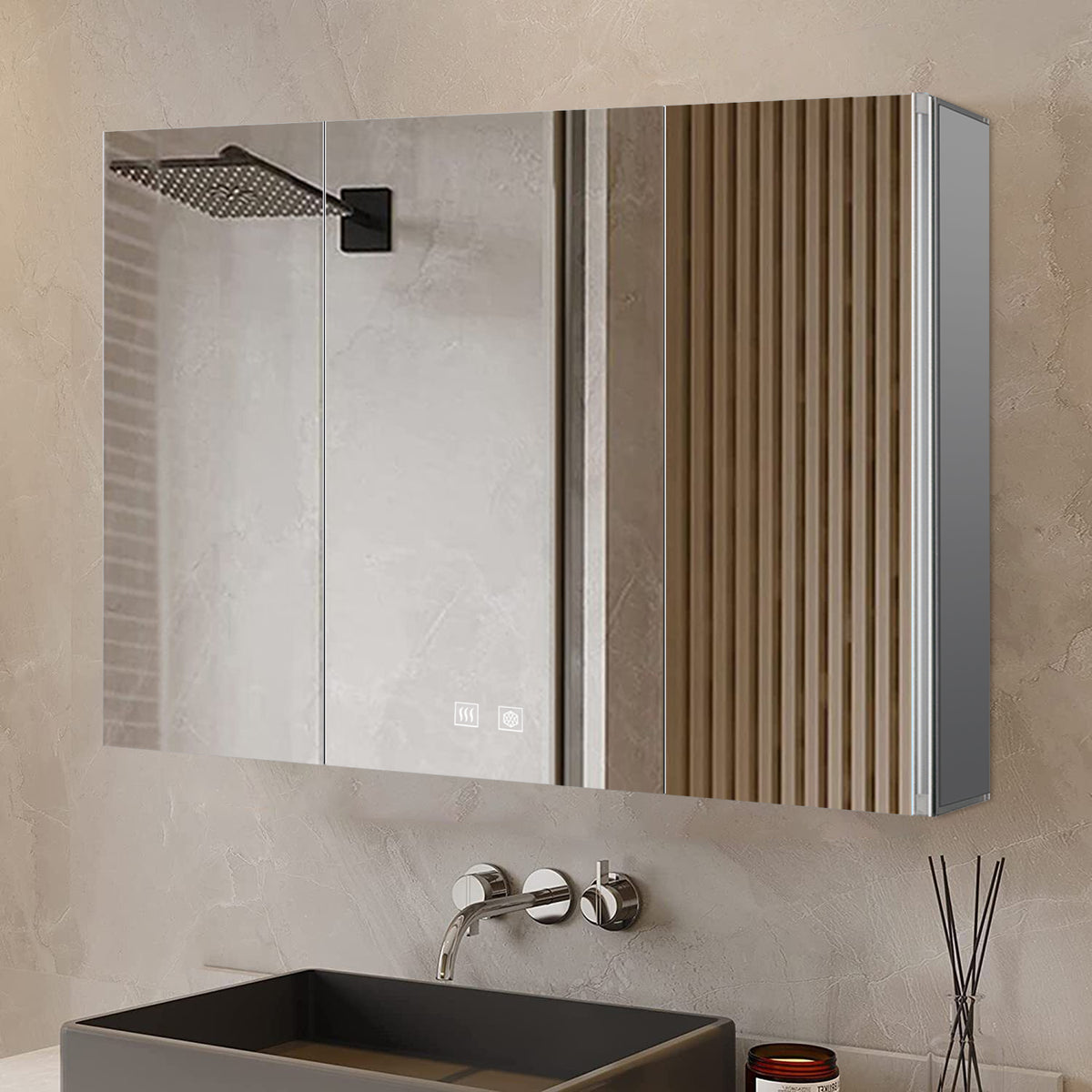 Lexora Corsica 48 in W x 32 in H Surface-Mount LED Mirror Medicine Cabinet with Defogger)