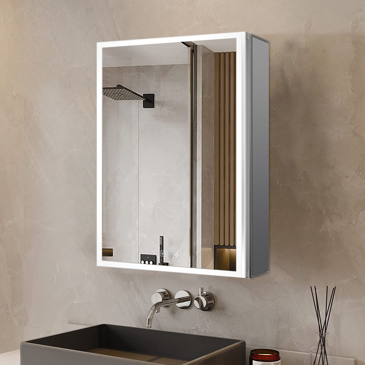 Lexora Mesa 20 in W x 28 in H Surface-Mount LED Mirror Medicine Cabinet with Defogger)