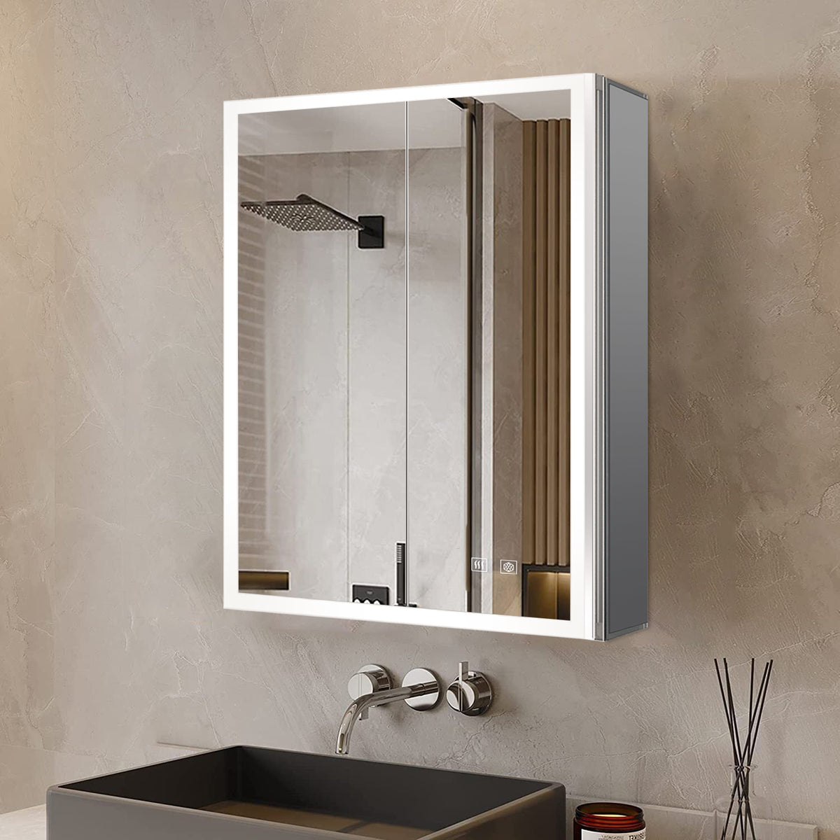 Lexora Mesa 24 in W x 28 in H Surface-Mount LED Mirror Medicine Cabinet with Defogger)
