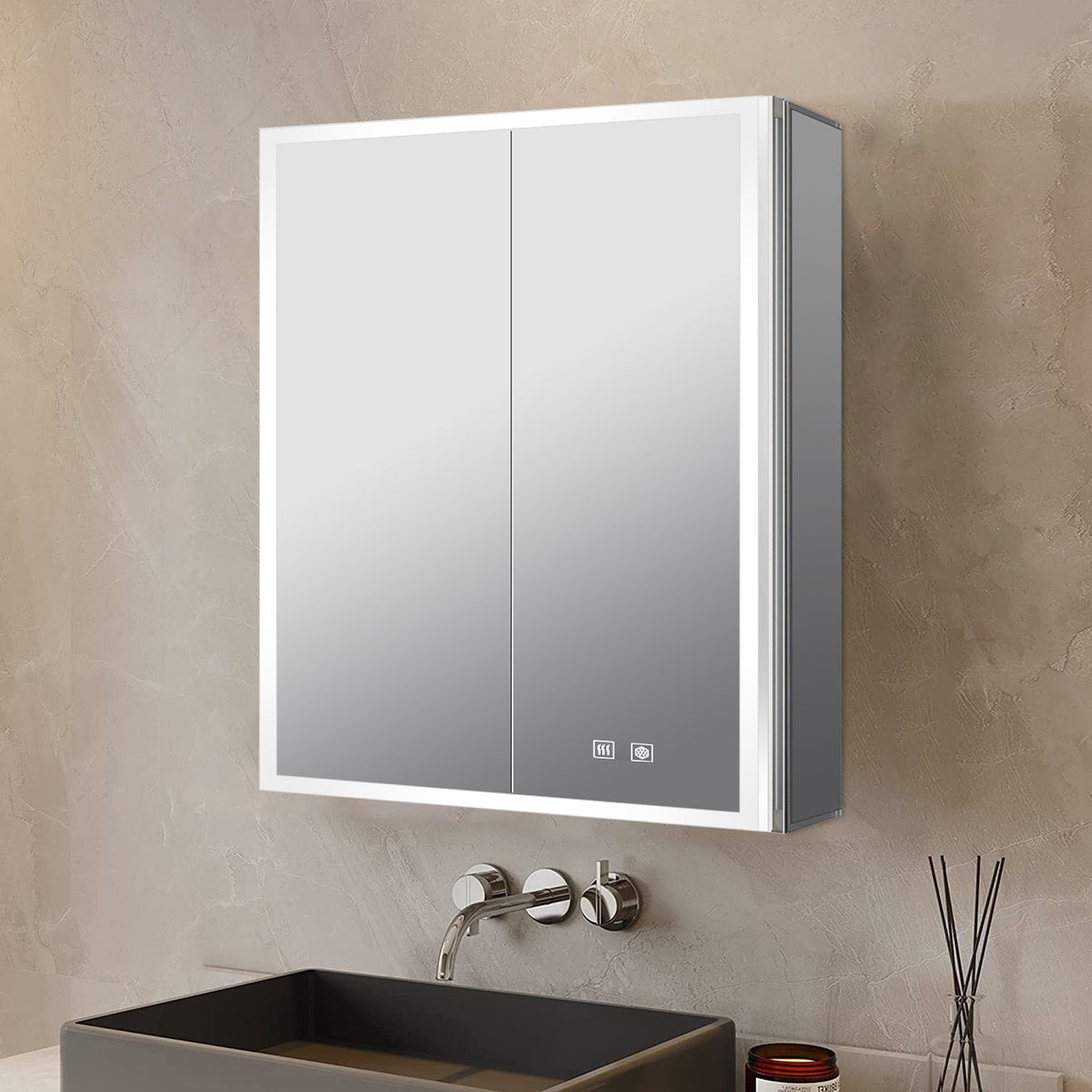 Lexora Mesa 24 in W x 30 in H Surface-Mount LED Mirror Medicine Cabinet with Defogger)