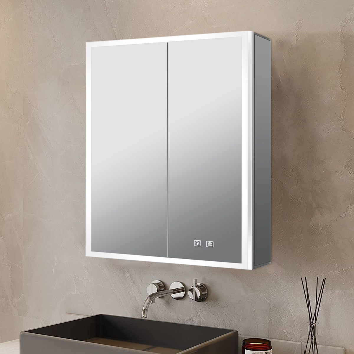 Lexora Mesa 24 in W x 32 in H Surface-Mount LED Mirror Medicine Cabinet with Defogger)
