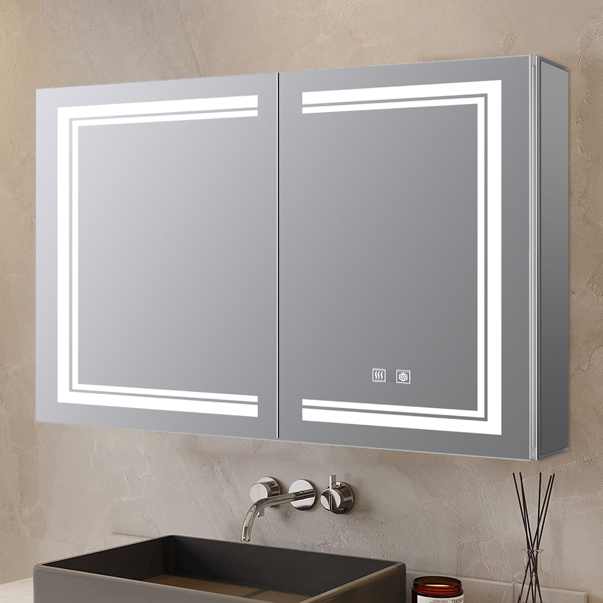 Lexora Mesa 40 in W x 28 in H Surface-Mount LED Mirror Medicine Cabinet with Defogger)