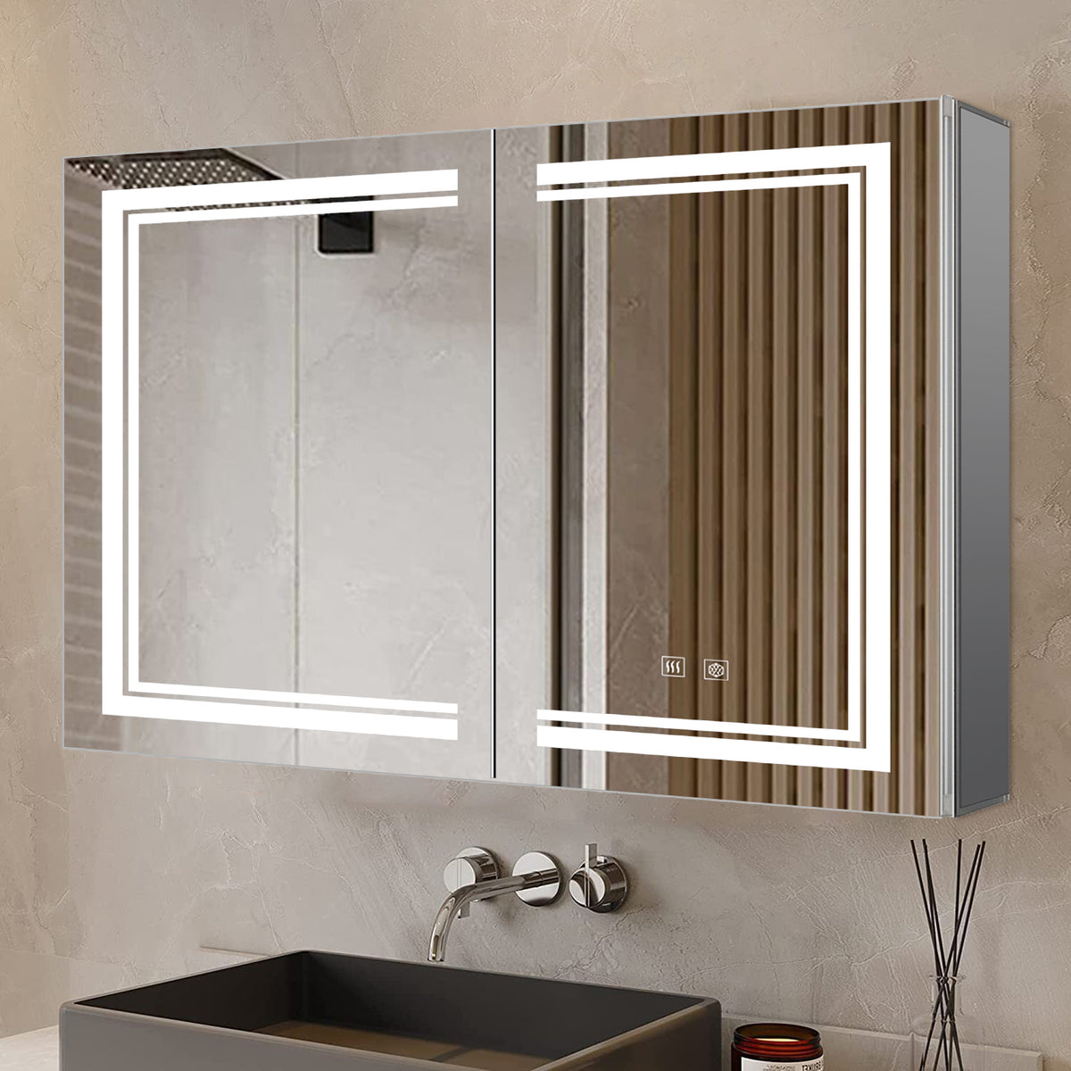 Lexora Mesa 40 in W x 28 in H Surface-Mount LED Mirror Medicine Cabinet with Defogger)