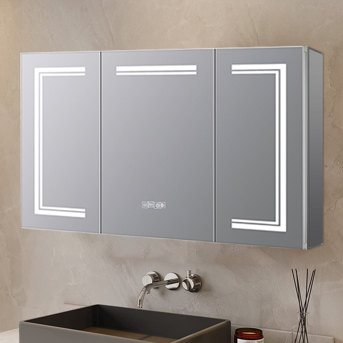 Lexora Mesa 48 in W x 32 in H Surface-Mount LED Mirror Medicine Cabinet with Defogger)