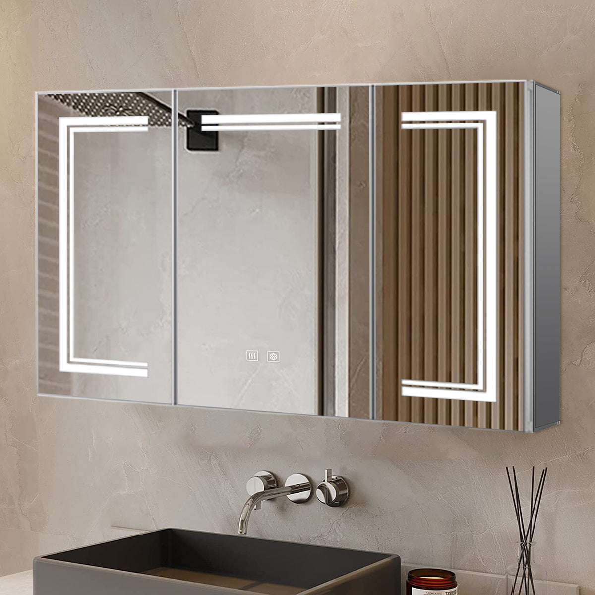 Lexora Mesa 48 in W x 32 in H Surface-Mount LED Mirror Medicine Cabinet with Defogger)