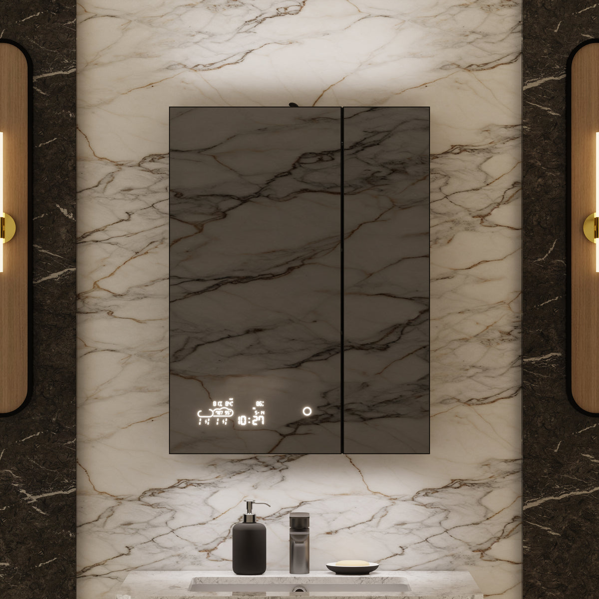 Lexora Savera 24 in. W x 32 in. H Recessed or Surface-Mount LED Mirror Medicine Cabinet with Defogger
