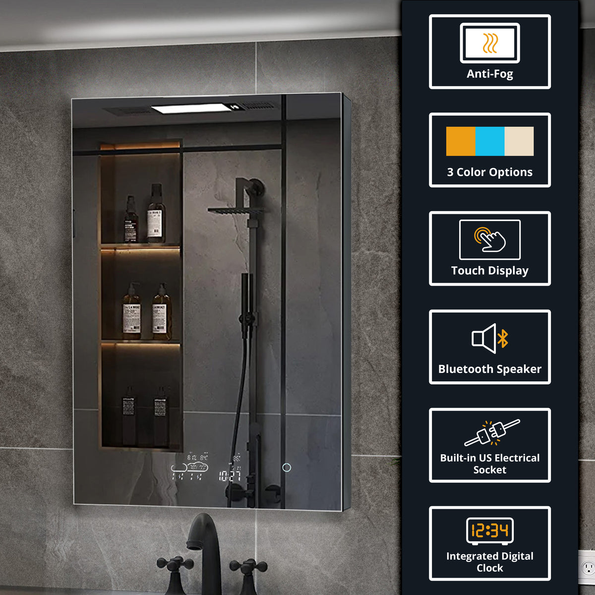 Lexora Savera 24 in. W x 36 in. H Recessed or Surface-Mount LED Mirror Medicine Cabinet with Defogger