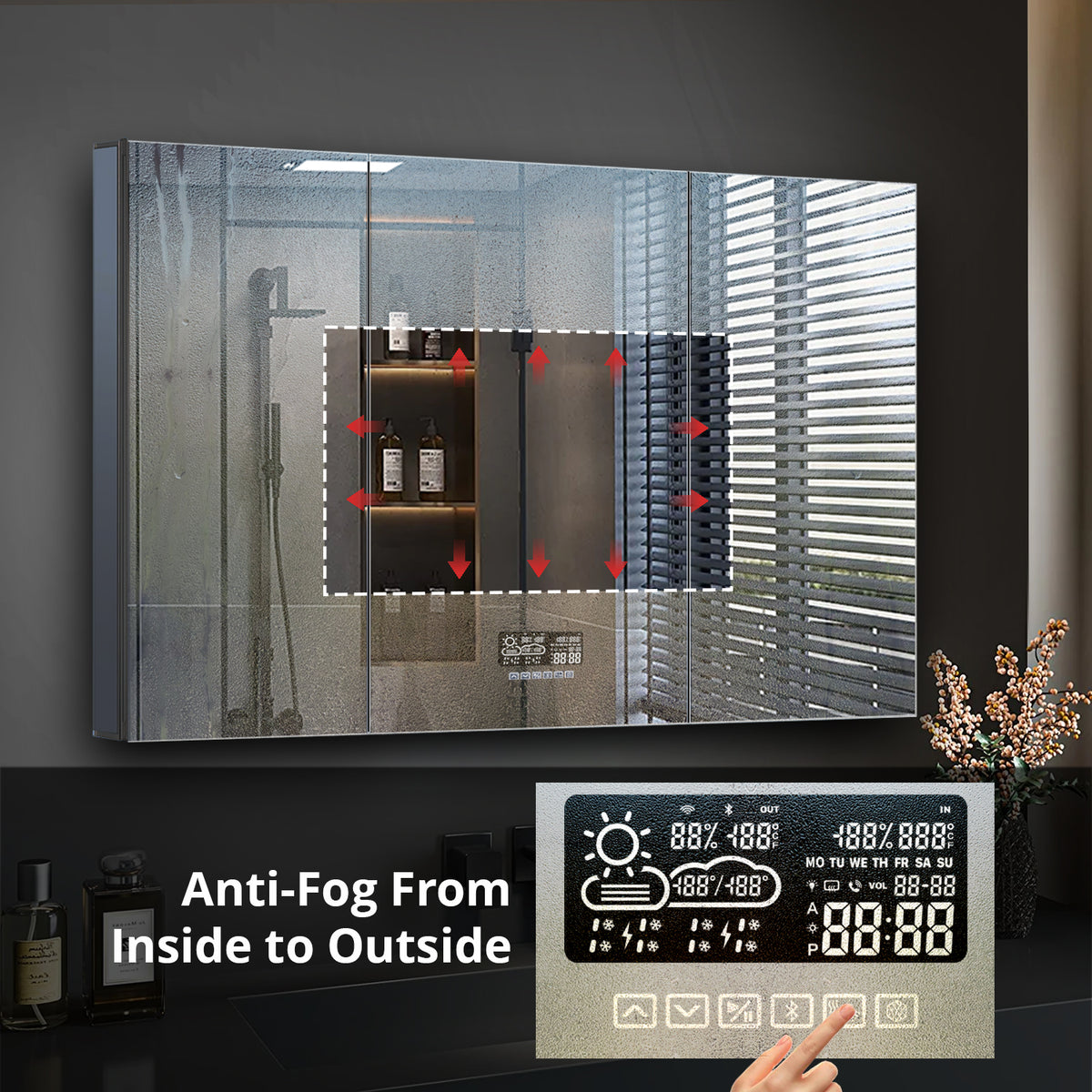Lexora Savera 48 in. W x 32 in. H Recessed or Surface-Mount LED Mirror Medicine Cabinet with Defogger