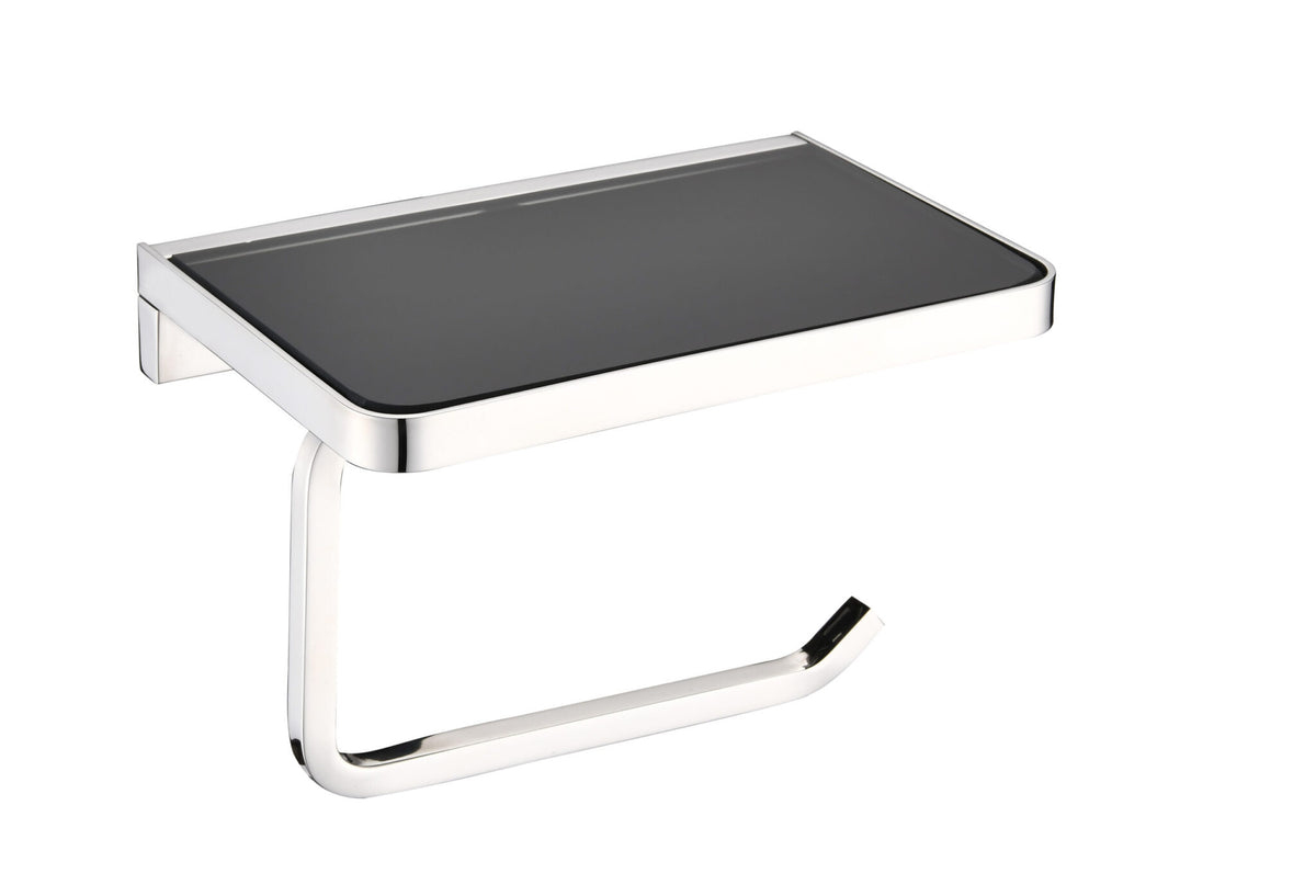 Lexora Bagno Bianca Stainless Steel Black Glass Shelf with Toilet Paper Holder in Chrome