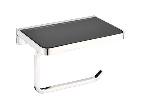 Lexora Bagno Bianca Stainless Steel Black Glass Shelf with Toilet Paper Holder in Chrome