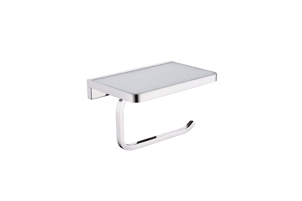 Lexora Bagno Bianca Stainless Steel White Glass Shelf with Toilet Paper Holder in Chrome