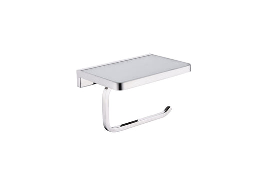 Lexora Bagno Bianca Stainless Steel White Glass Shelf with Toilet Paper Holder in Chrome