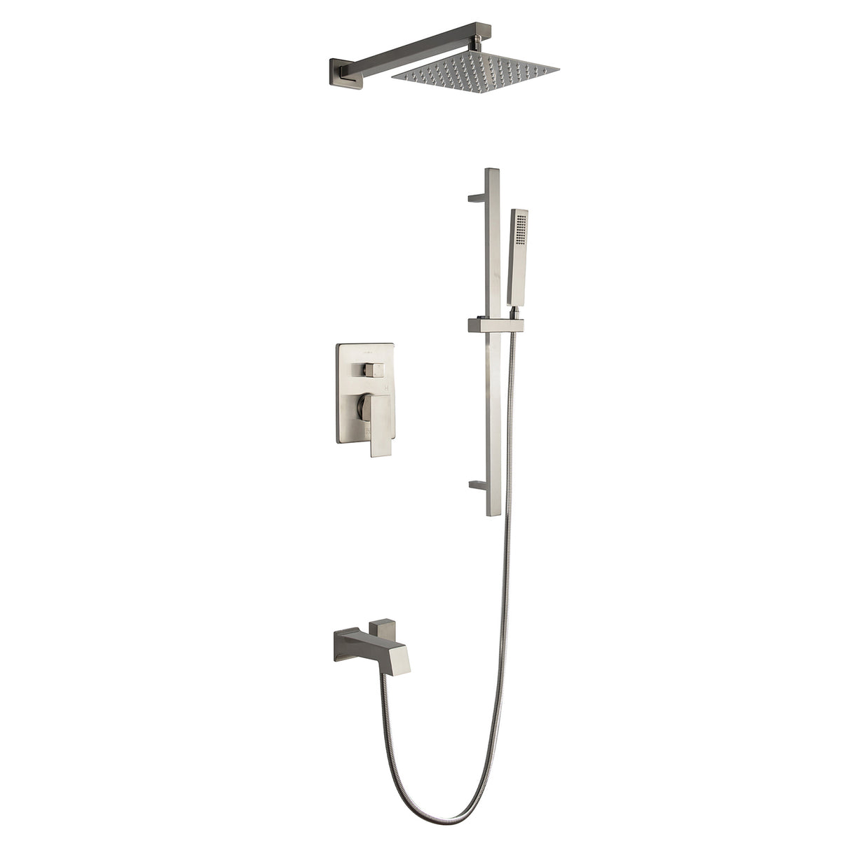 Lexora Cero 1-Spray Tub and Shower Faucet Combo with Square Showerhead and Handheld Shower Wand in Brushed Nickel