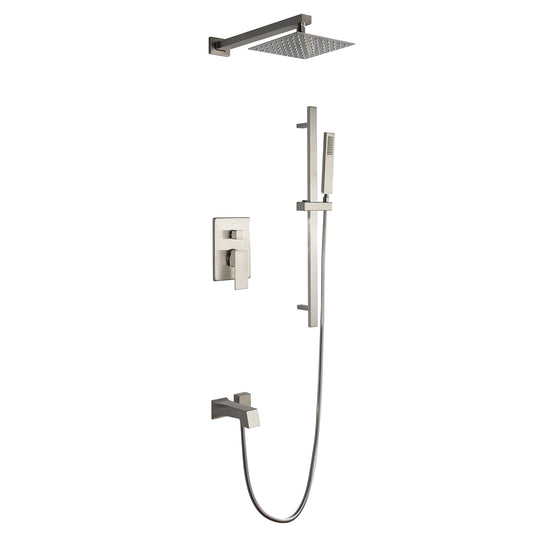 Lexora Cero 1-Spray Tub and Shower Faucet Combo with Square Showerhead and Handheld Shower Wand in Brushed Nickel