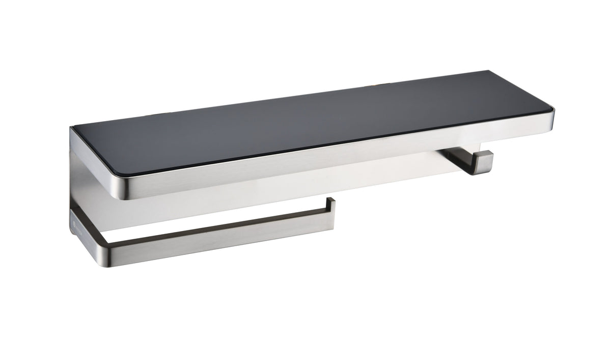 Lexora Bagno Bianca Stainless Steel Black Glass Shelf with Towel Bar & Robe Hook in Brushed Nickel