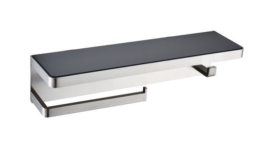 Lexora Bagno Bianca Stainless Steel Black Glass Shelf with Towel Bar & Robe Hook in Brushed Nickel