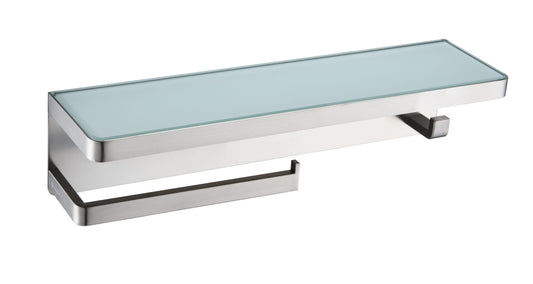 Lexora Bagno Bianca Stainless Steel White Glass Shelf with Towel Bar & Robe Hook in Brushed Nickel