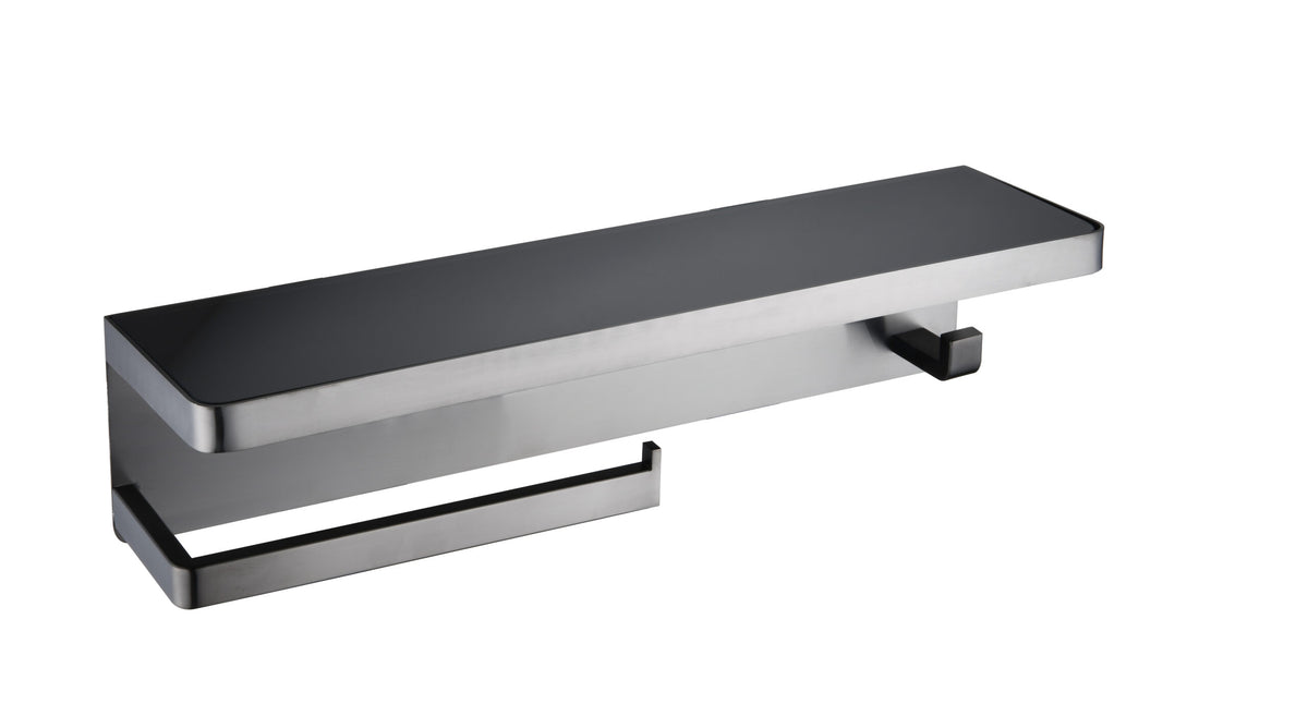 Lexora Bagno Bianca Stainless Steel Black Glass Shelf with Towel Bar & Robe Hook in Gun Metal