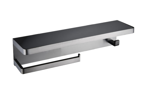 Lexora Bagno Bianca Stainless Steel Black Glass Shelf with Towel Bar & Robe Hook in Gun Metal