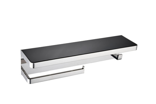 Lexora Bagno Bianca Stainless Steel Black Glass Shelf with Towel Bar & Robe Hook in Chrome
