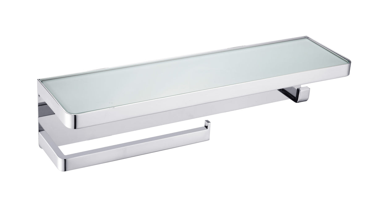 Lexora Bagno Bianca Stainless Steel White Glass Shelf with Towel Bar & Robe Hook in Chrome