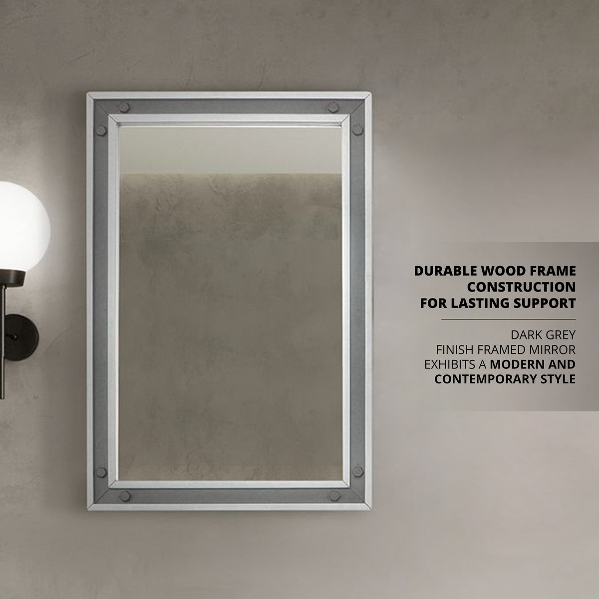 Lexora Ziva 22 in W x 32 in H Dark Grey Mirror with Black Metal Inlay